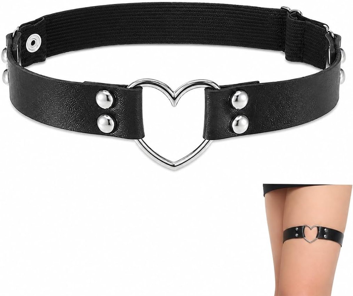 2 stuks kousenband van leer, verstelbaar, zwart, gothic met dubbele laag, antislip clip, antislip, feestaccessoires, punklook voor Halloween, rave, carnaval, cosplay, feestaccessoires (liefde)