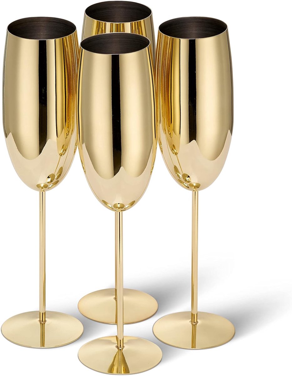 & Steel - 4 Elegante Roestvrij Staal Gouden Champagne Flute Glazen, 285ml - Onbreekbaar Party Glazen Geschenkset Voor Kerstmis En Nieuwjaar