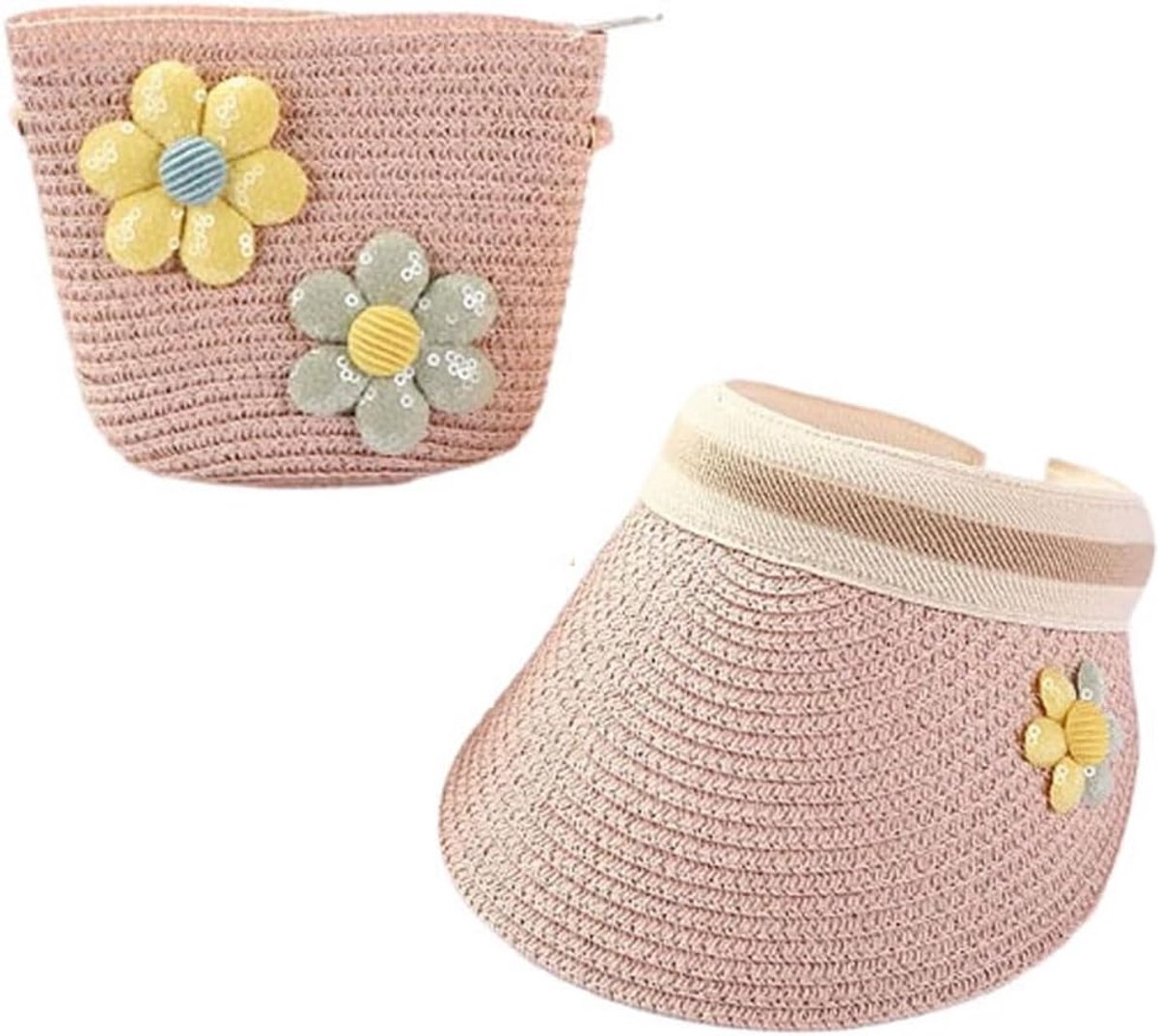 und Kleine Tasche Set, Kinder Strohhut mit offener Krone, Mädchen Sommer Sonnenhut Sonnenhüte mit Blumendekoration für den Urlaub Reise Outdoor Aktivitäten Reisehut für den Urlaub Reise
