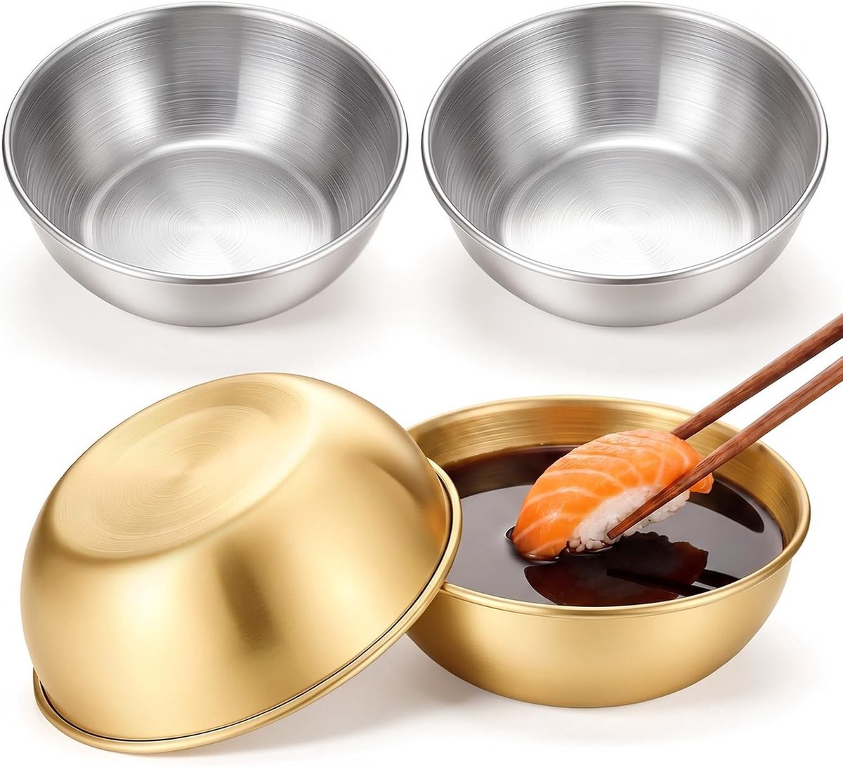 Set van 4 Kleine Kommetjes van 8,5 cm voor Sojasaus, Mixen en Voorbereiden - Herbruikbare Mini Ronde Specerijkommetjes voor Hapjes in Goud en Zilver