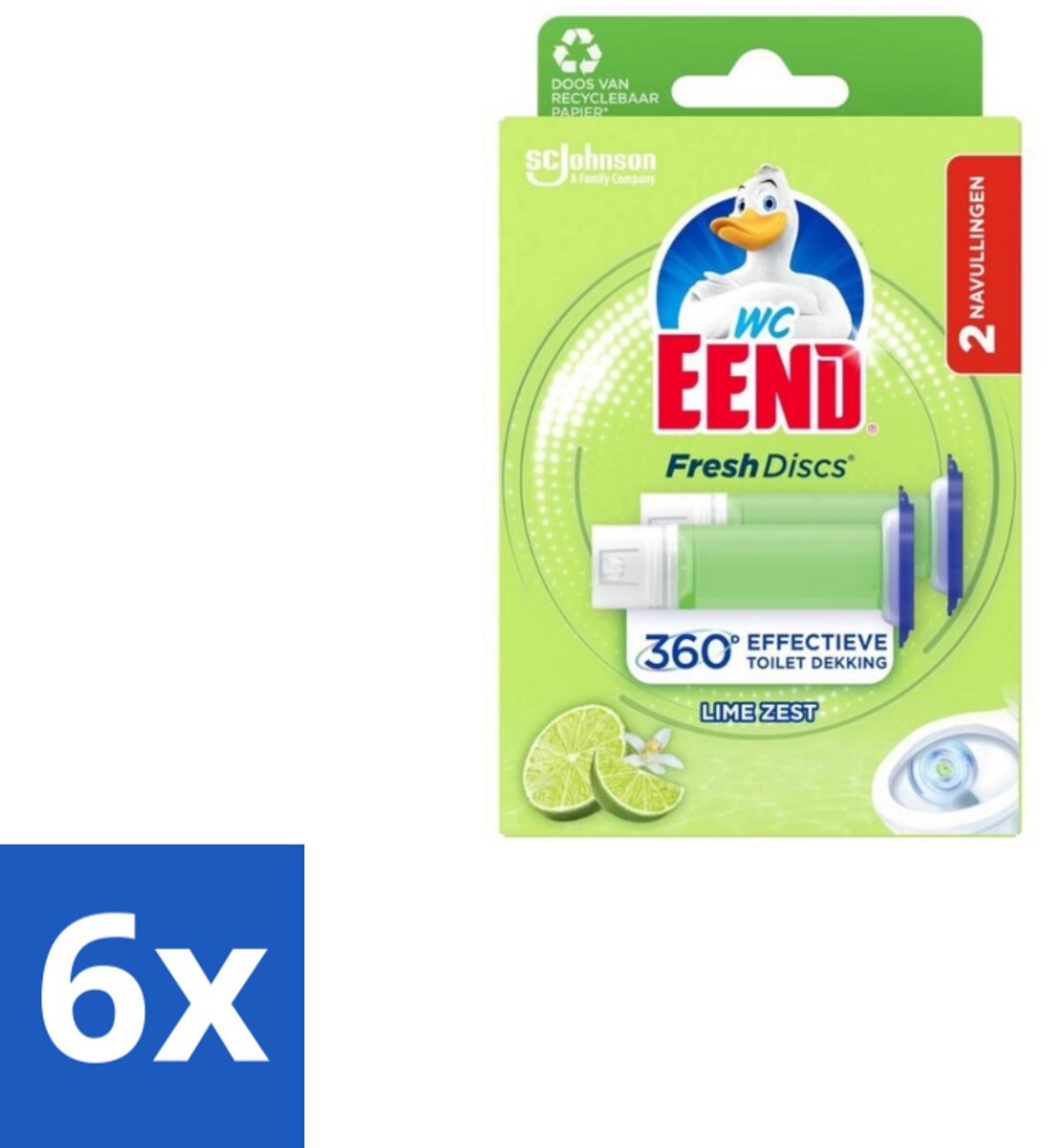 6 x WC Eend – Fresh Discs – Duo Navulling – Lime Zest – 72 ml - Toilet Reinigen - Toilet Hygiëne - Toilet Fris - Toilet Navulling - Toilet Gel Discs