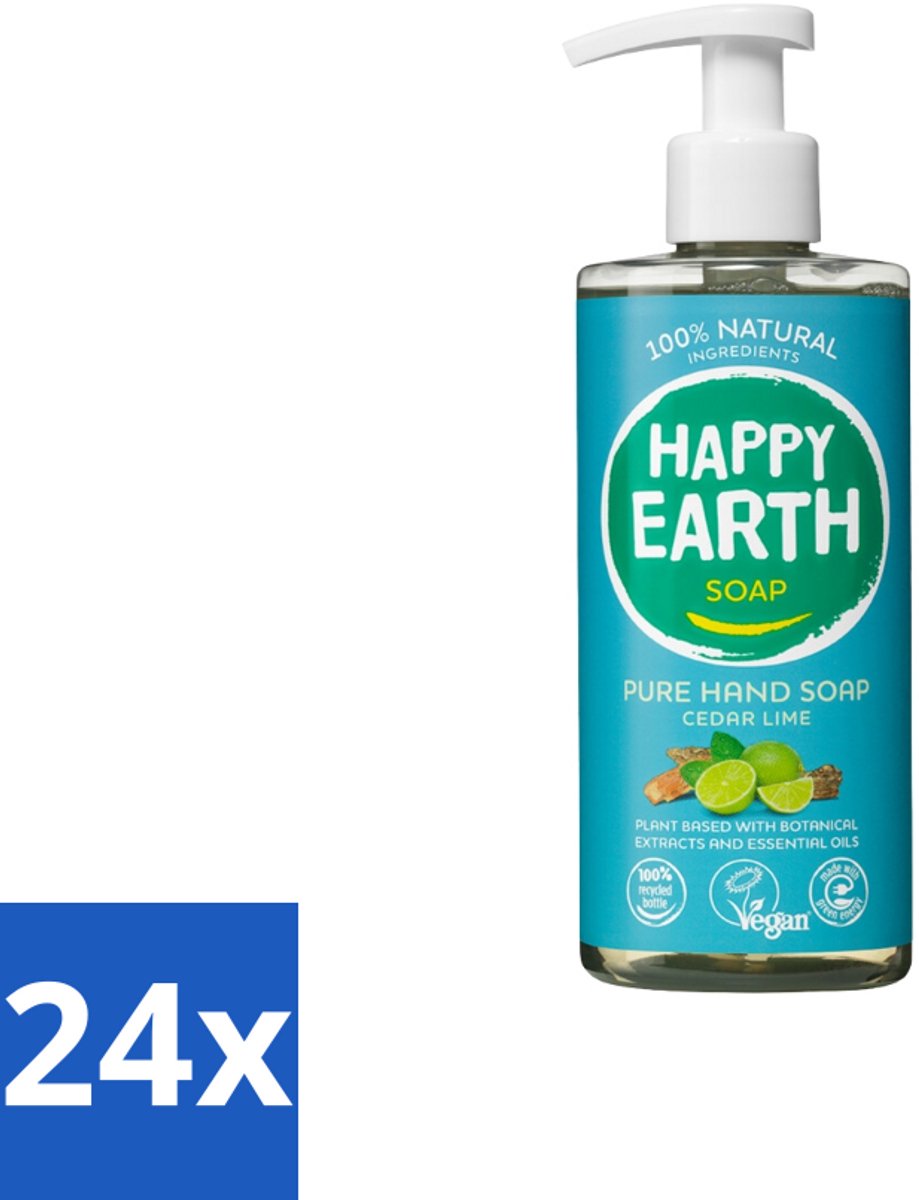 24 x Happy Earth – Handzeep – 100% Natuurlijk Cedar Lime – 300 ml - Natuurlijke Handzeep - Vegan Handzeep - Ceder En Limoen - Handzeep Met Essentiële Oliën - Antibacteriële Handzeep