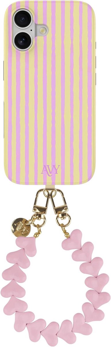 AVY Hoesje Met Telefoonkoord | Geschikt voor Apple iPhone 16 | Compatibel met MagSafe & Qi2 | Hard Shell Back Cover | Stijlvol Bijpassend Koord Polsbandje (30CM) | Pink Lemonade