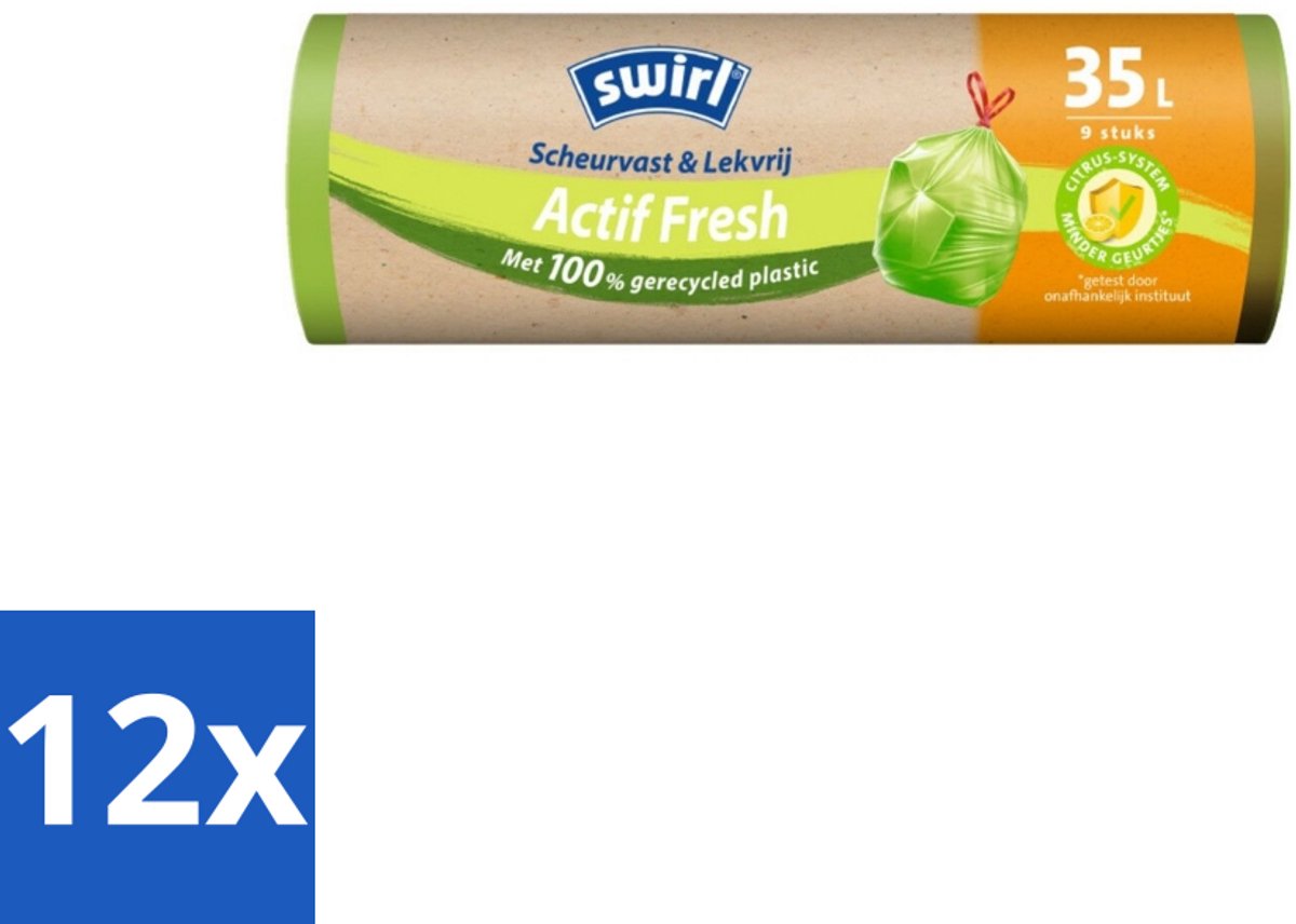 12 x Swirl – Vuilniszakken – Trekband Geparfumeerd Actif Fresh – 35 L – 9 zakken - Vuilnisbak - Geurabsorber - Trekband - Citroengeur - Biologisch Afbreekbaar