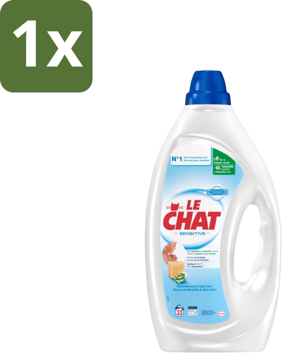 1 x Le Chat – Vloeibaar Wasmiddel – Sensitive – 1,485 L - Gevoelige Huid - Hypoallergen - Dermatologisch Getest - Marseille Zeep - Vlekken Verwijderen