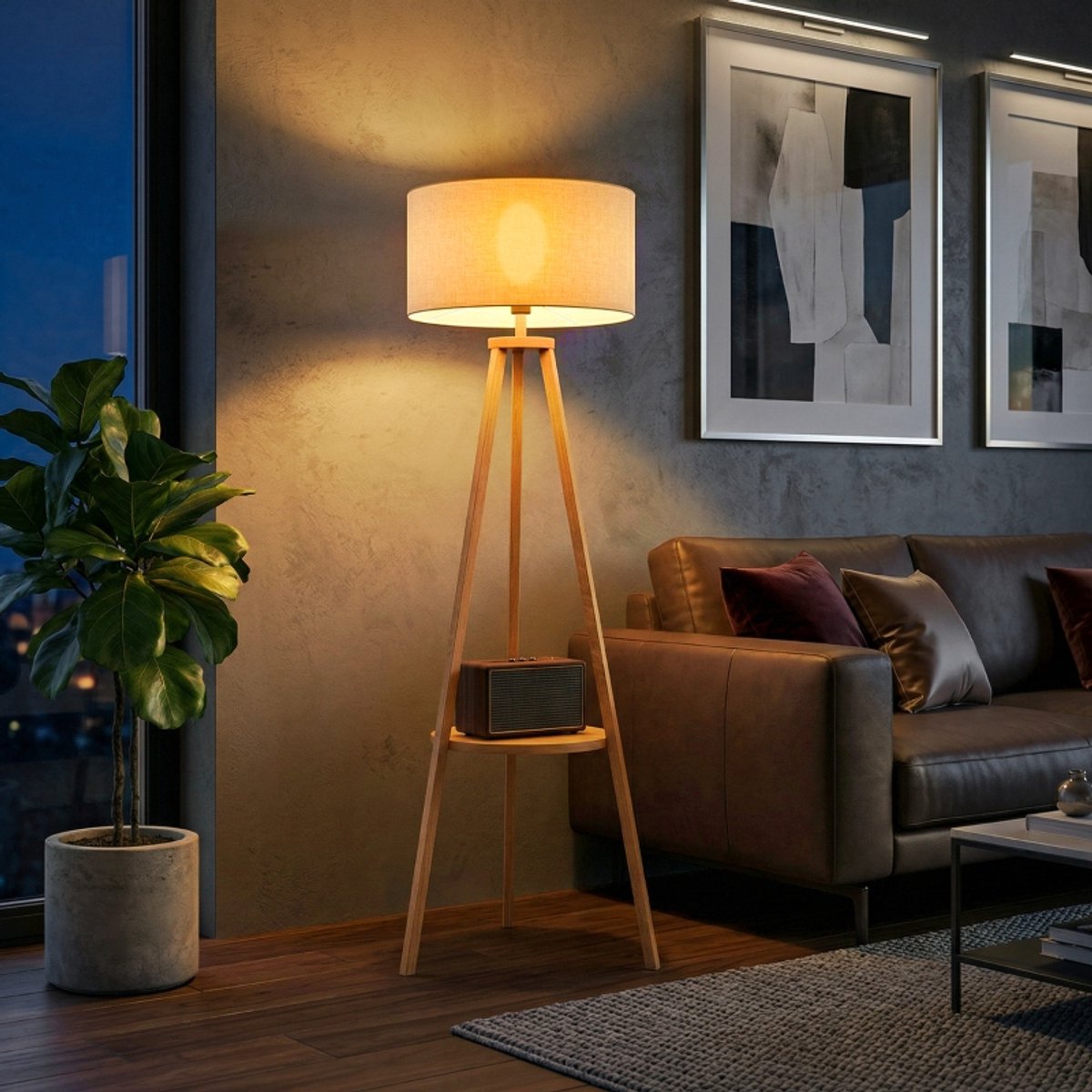 Statieflamp met frame van natuurlijk hout en beige stoffen kap met geïntegreerde plank 50x50x154 cm
