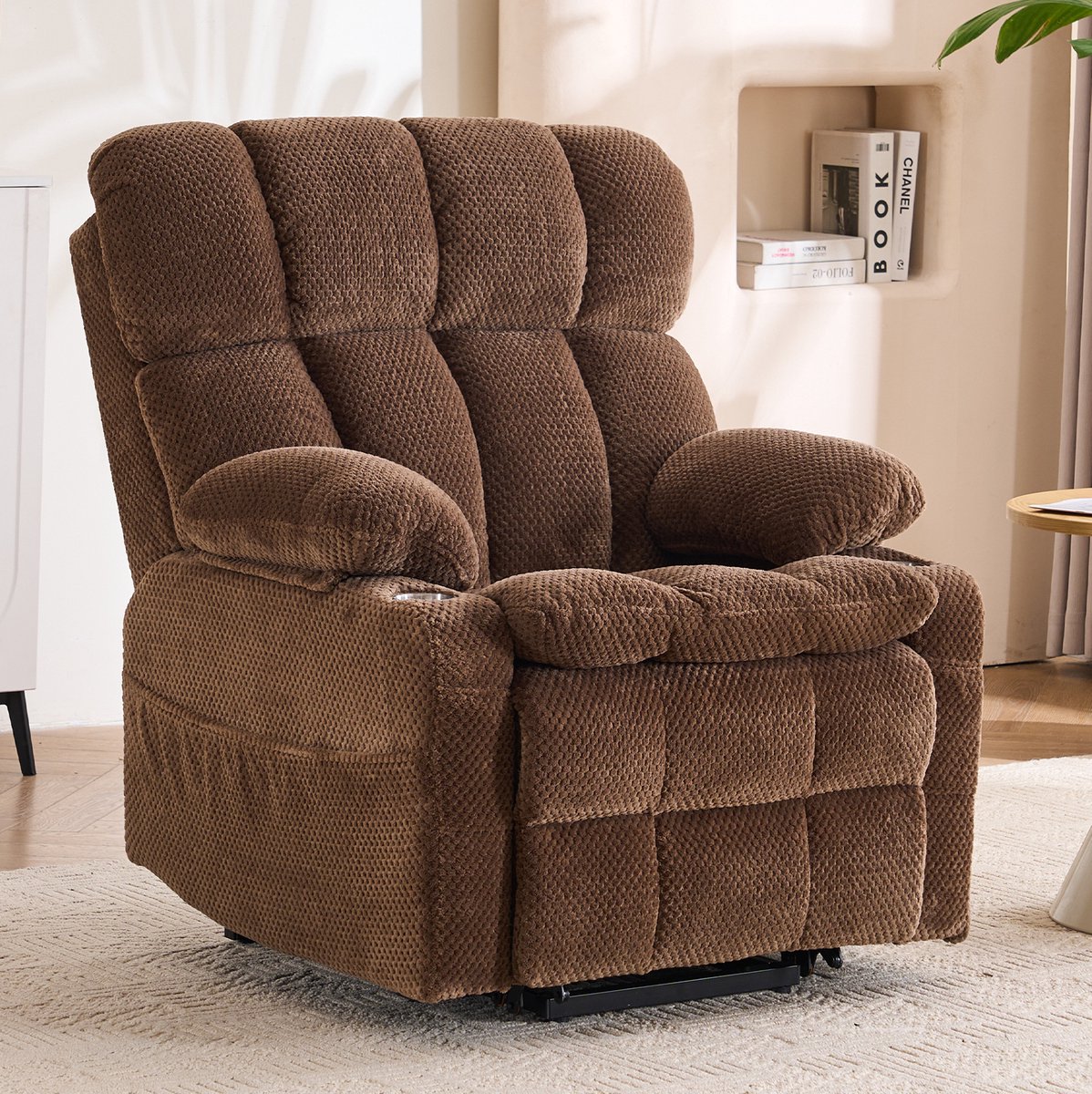 DESMIU Relaxfauteuil Elektrisch Met Opsta Functie En Twee Motoren Verstelbare Hoofdsteun Massagefunctie En Verwarming Voor Woonkamer Stof Bruin