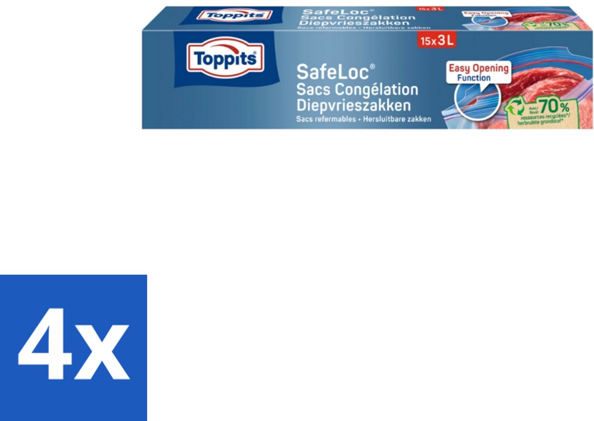 4 x Toppits – Safeloc Zip-Diepvrieszakken – 3 Liter – 15 Zakjes - Diepvrieszakken - Dubbele Sluiting - Voedselbescherming - Herbruikbaar - Milieuvriendelijk