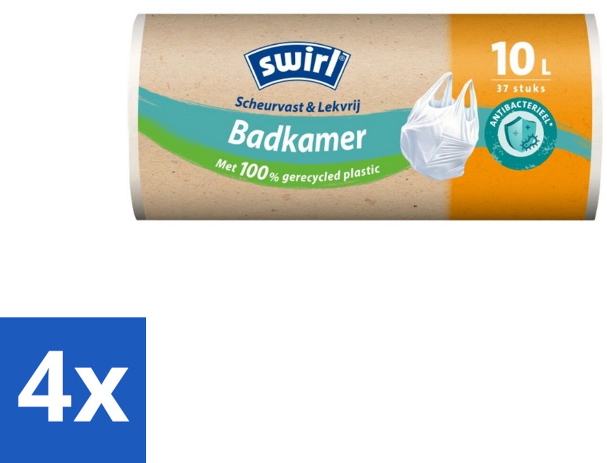 4 x Swirl – Vuilniszakken – 10 L – Handvatten – 37 zakken - Badkamer Afvalzak - Hygiëne - Antibacteriële Folie - Lekvrije Bodem - Handvatten