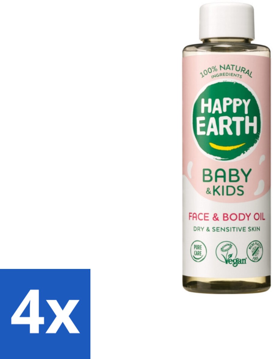 4 x Happy Earth – Face & Body Oil – 100% Natuurlijk Baby & Kids – 150 ml - Babyolie - Gezichtsolie - Lichaamsoil - Natuurlijke Huidverzorging - Babymassageolie