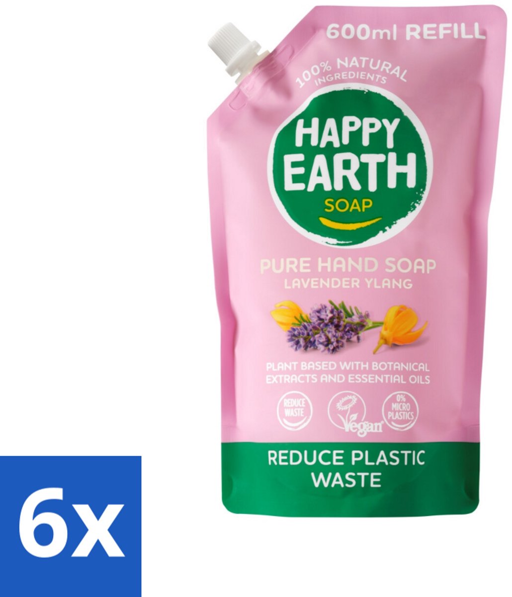 6 x Happy Earth – Handzeep Navulling – 100% Natuurlijk Lavender Ylang – 600 ml - Natuurlijke Handzeep - Navulverpakking - Lavendel - Ylang - Vegan Handzeep