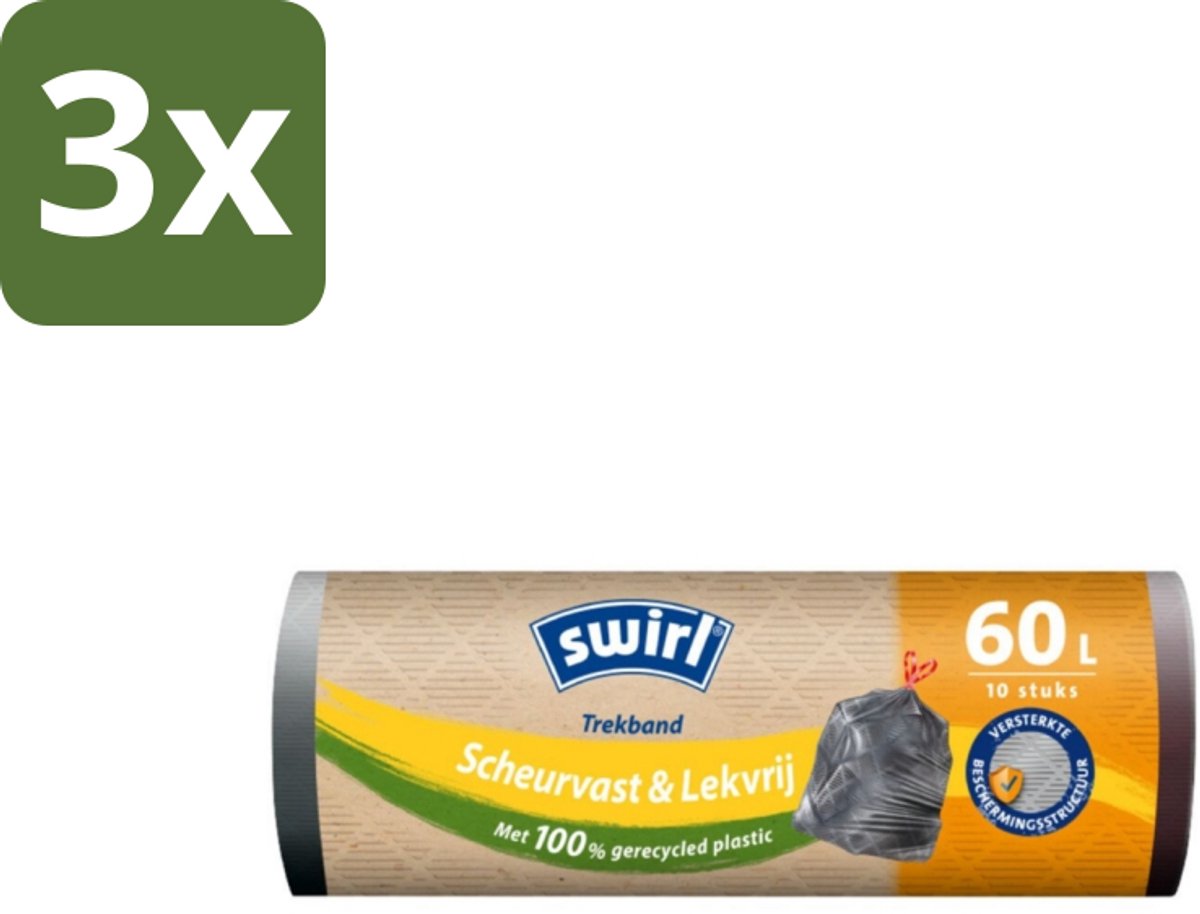 3 x Swirl – Vuilniszakken – 60 L – Trekband – 10 zakken - Koffie - Koffiezetapparaat - Koffiezetapparaat