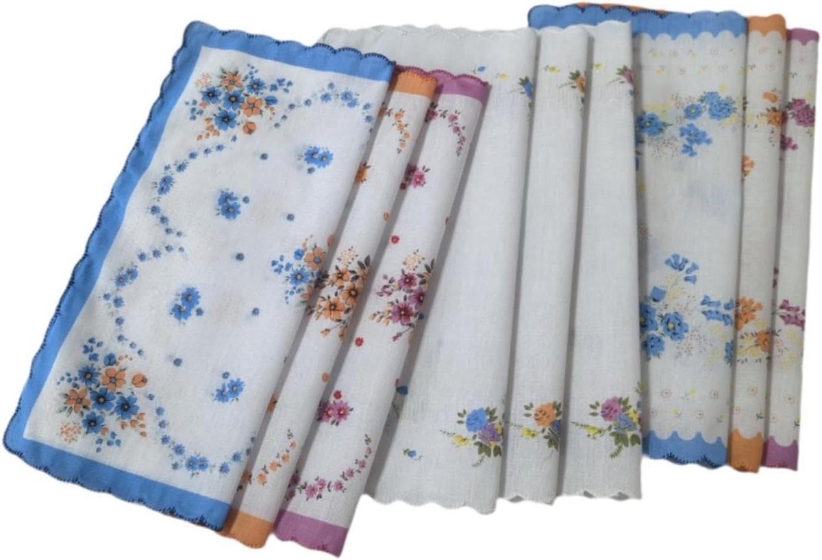 Dames zakdoekjes - Katoenen zakdoeken - Persoonlijk gebruik - Golvende rand - 9 stuks - Bloemenprint