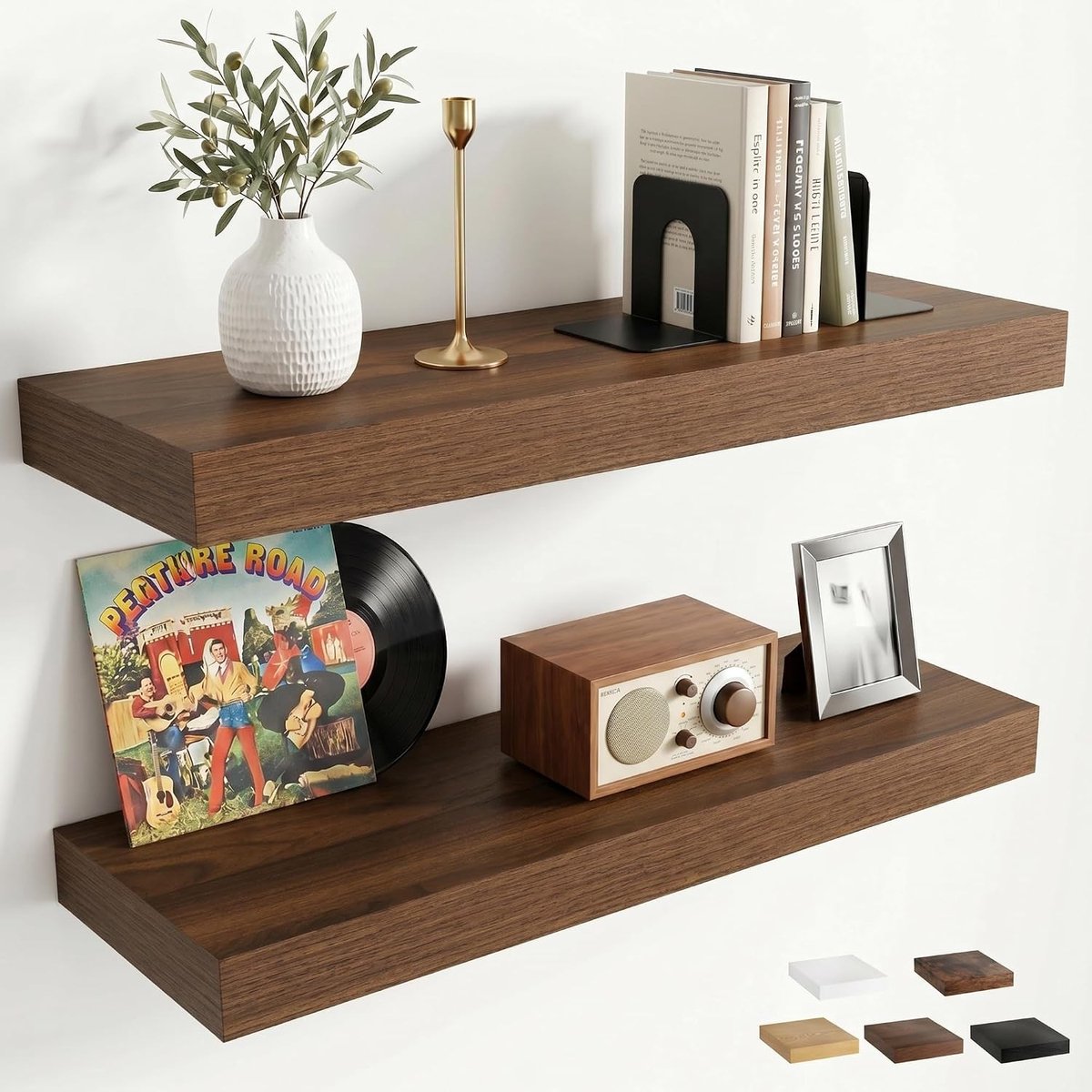 Wandplanken - Walnoot - Walnoot - Met Robuuste IJzeren Houder - Voor Keuken, Slaapkamer, Woonkamer, Badkamer