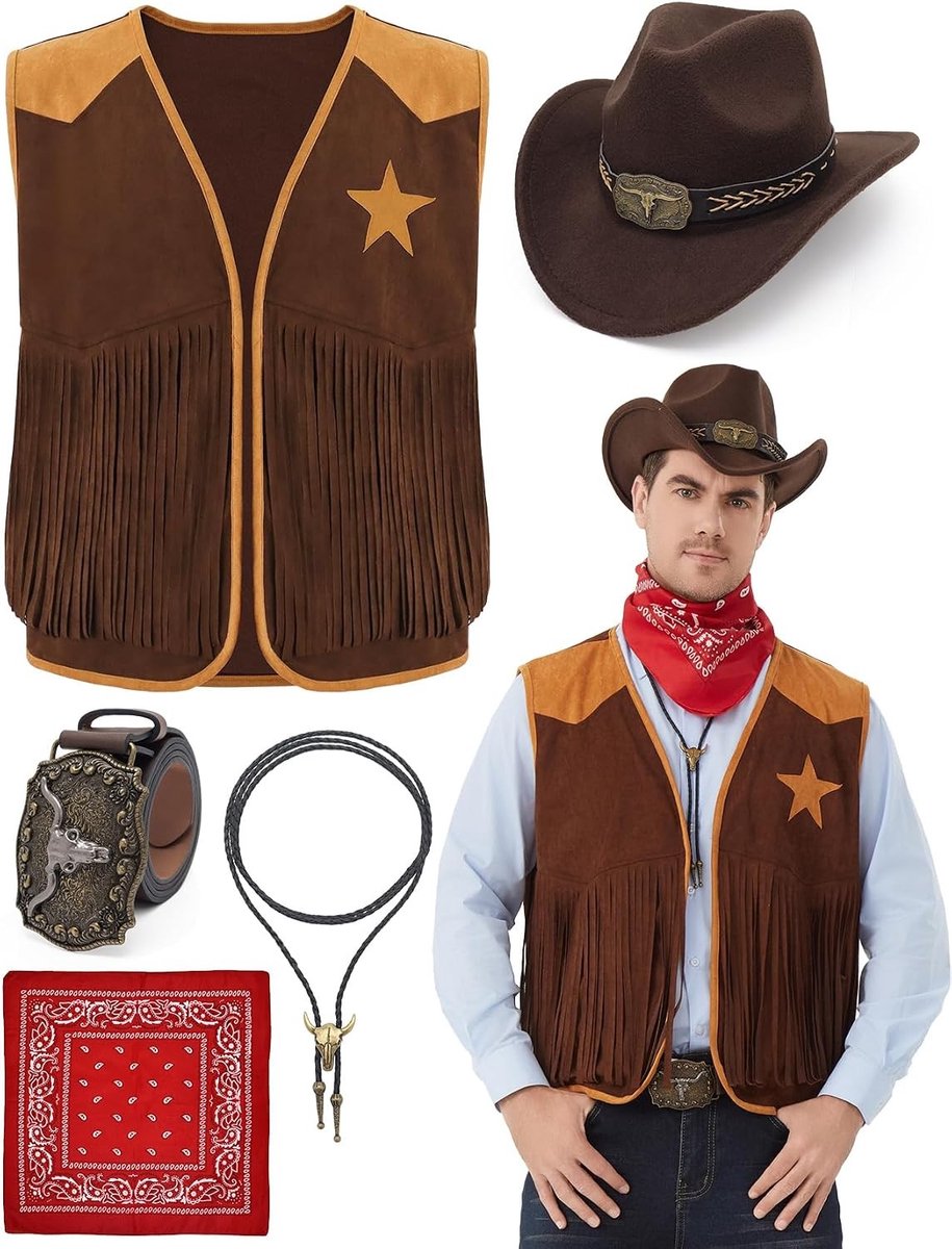 Cowboy Kostuum voor Mannen met Vest, Hoed, Stropdas, Gesp en Ketting voor Halloween en Cosplay