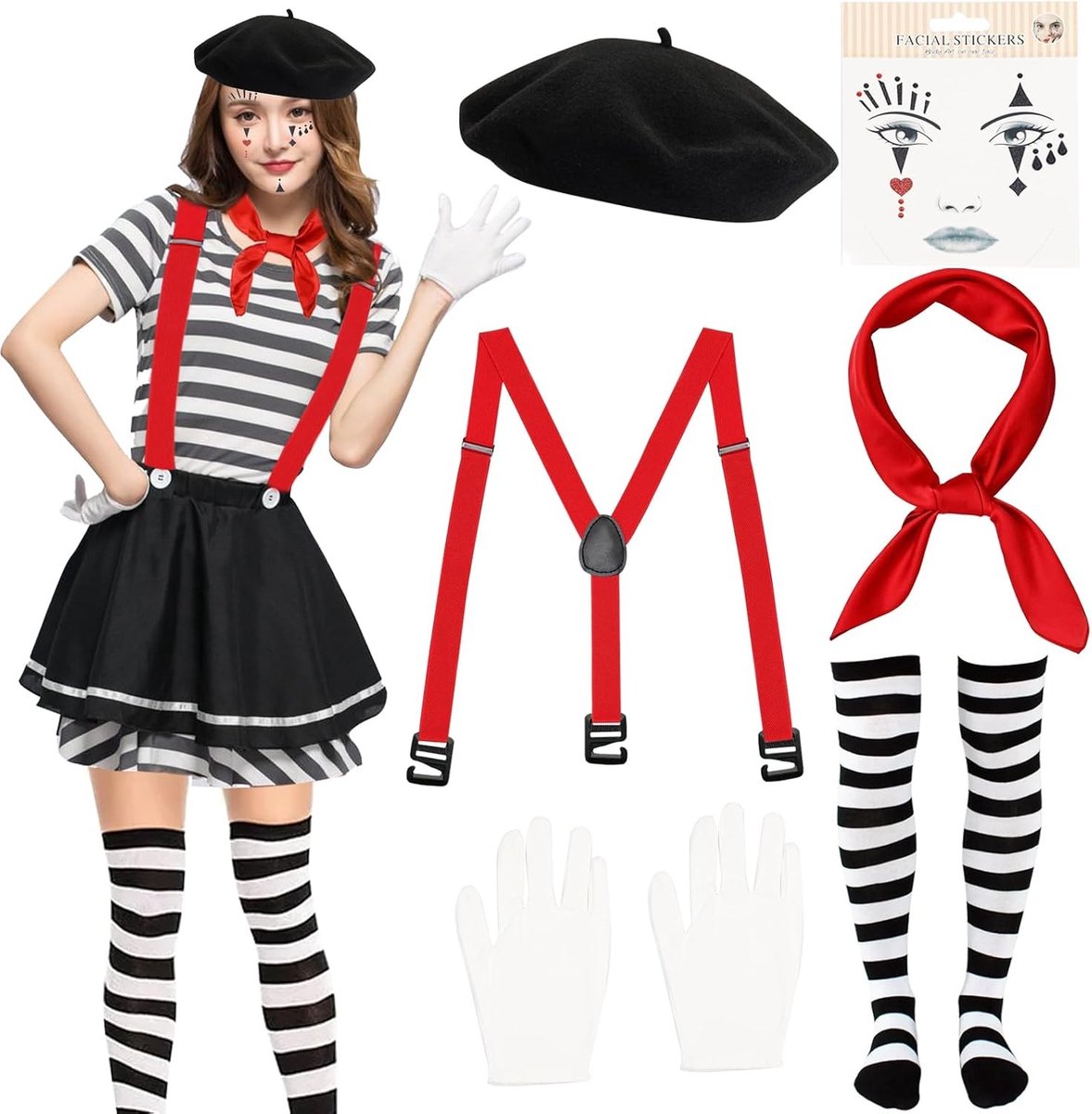 Vrouwelijk Circus Kostuum voor Halloween met Beret, Sjaal, Handschoenen en Tatoeages voor Cosplay en Carnaval