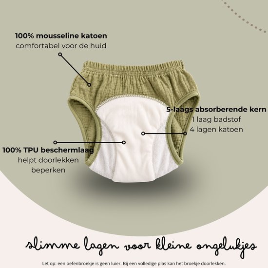 Groen mousseline katoenen oefenbroekje met een 5-laags absorberende kern. 100% TPU beschermlaag.