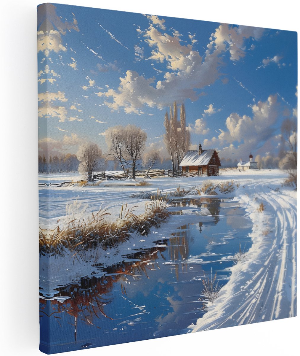 Artaza Canvas Schilderij Winterlandschap - 100x100 cm - Groot - Wanddecoratie Natuur - Muurdecoratie Besneeuwde Hut - Schilderijen Op Canvas Landschap