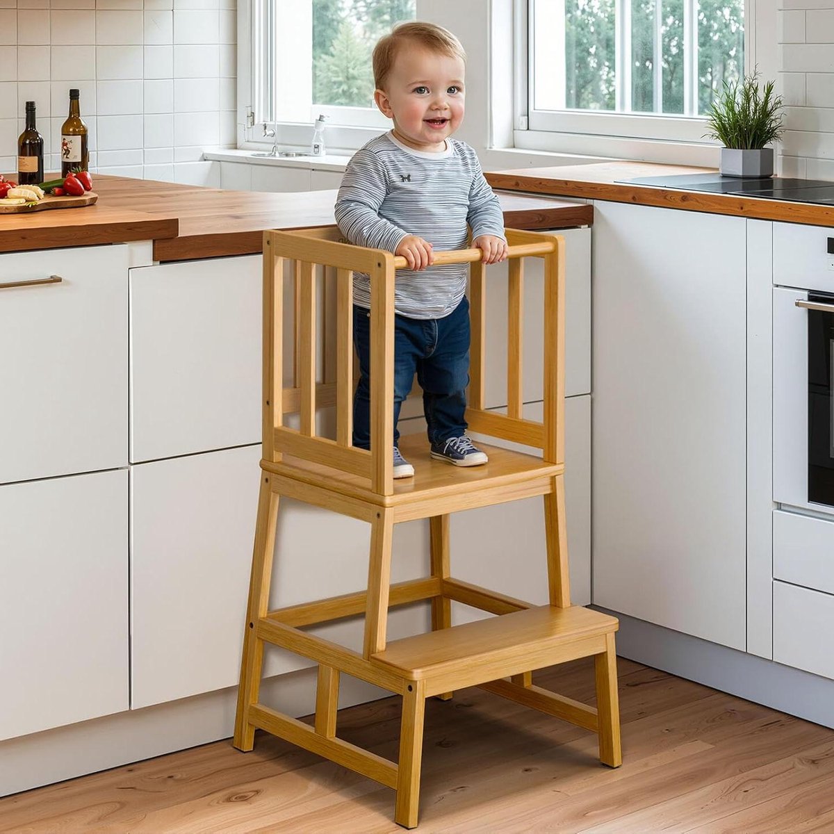 Montessori Leertoren - Kinder Keuken Stoel - Zelfstandig Leren - Stabiele A-vorm - 45.3 cm Diep - Natuurlijk Bamboe