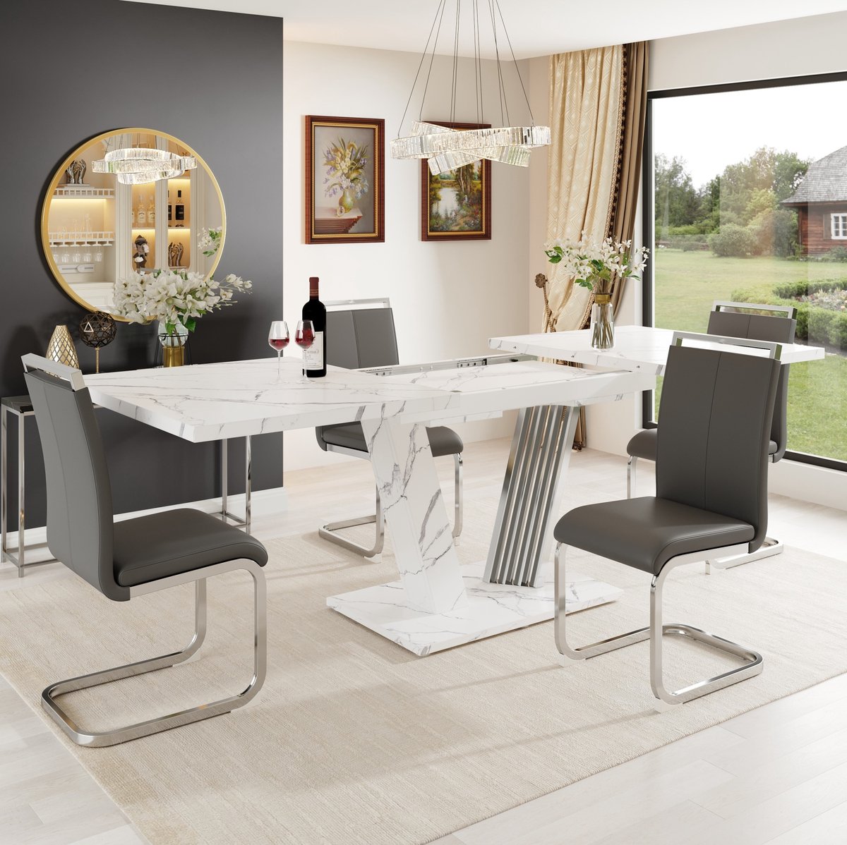 Wishdor 5-delige eetkamerset - Uitschuifbare eettafel met 4 stoelen - Modern - MDF en metaal - Wit en grijs - 160 x 80 x 76 cm