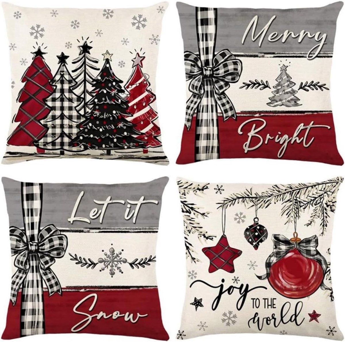Set van 4 Kussenslopen voor Kerstmis, Rood Grijze Kussens, 45 x 45 cm, met Strik, Kerstboom en Kerstklokken, Linnen Kussens voor Kerstdecoratie in de Woonkamer en op de Bank