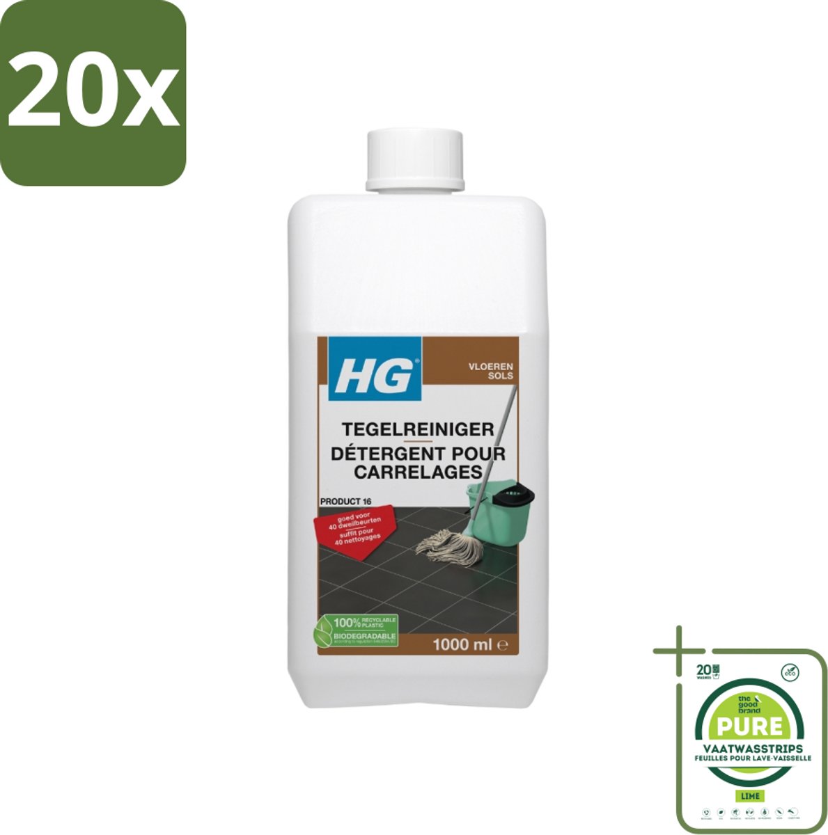 20 x HG Tegelreiniger Quick 1 liter - Grootverpakking - Tegelreiniger - Vloerreiniger - Dweilreiniger - Vloeren Schoonmaken - Tegelvloer Schoonmaken