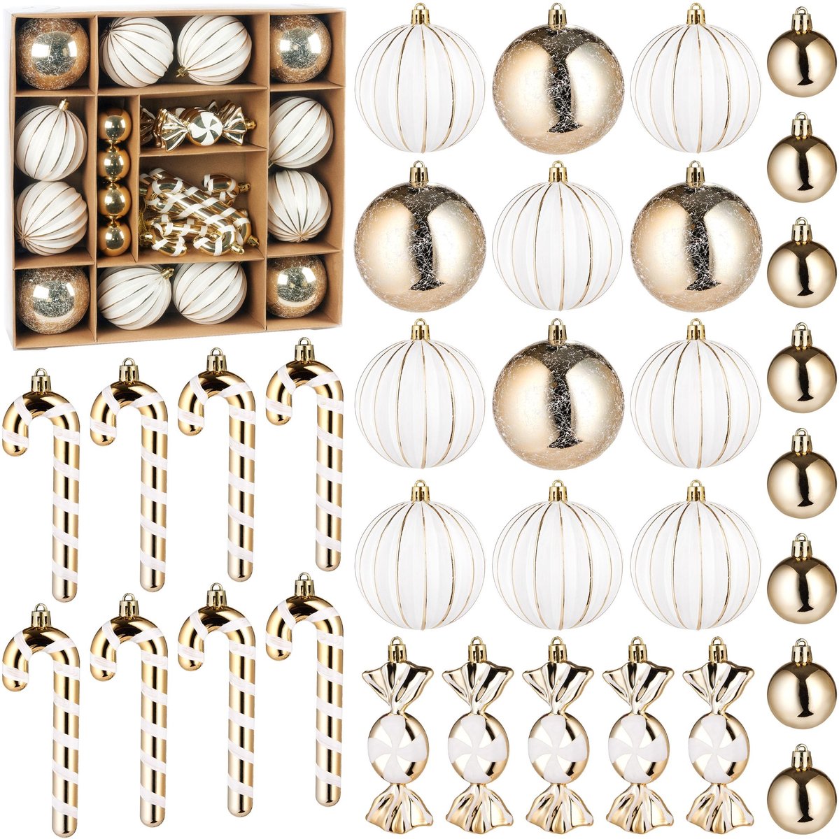 Elzusha - 33-delig Kerstballen Set - Decoratie met Snoepjes en Suikers - Goud/Wit