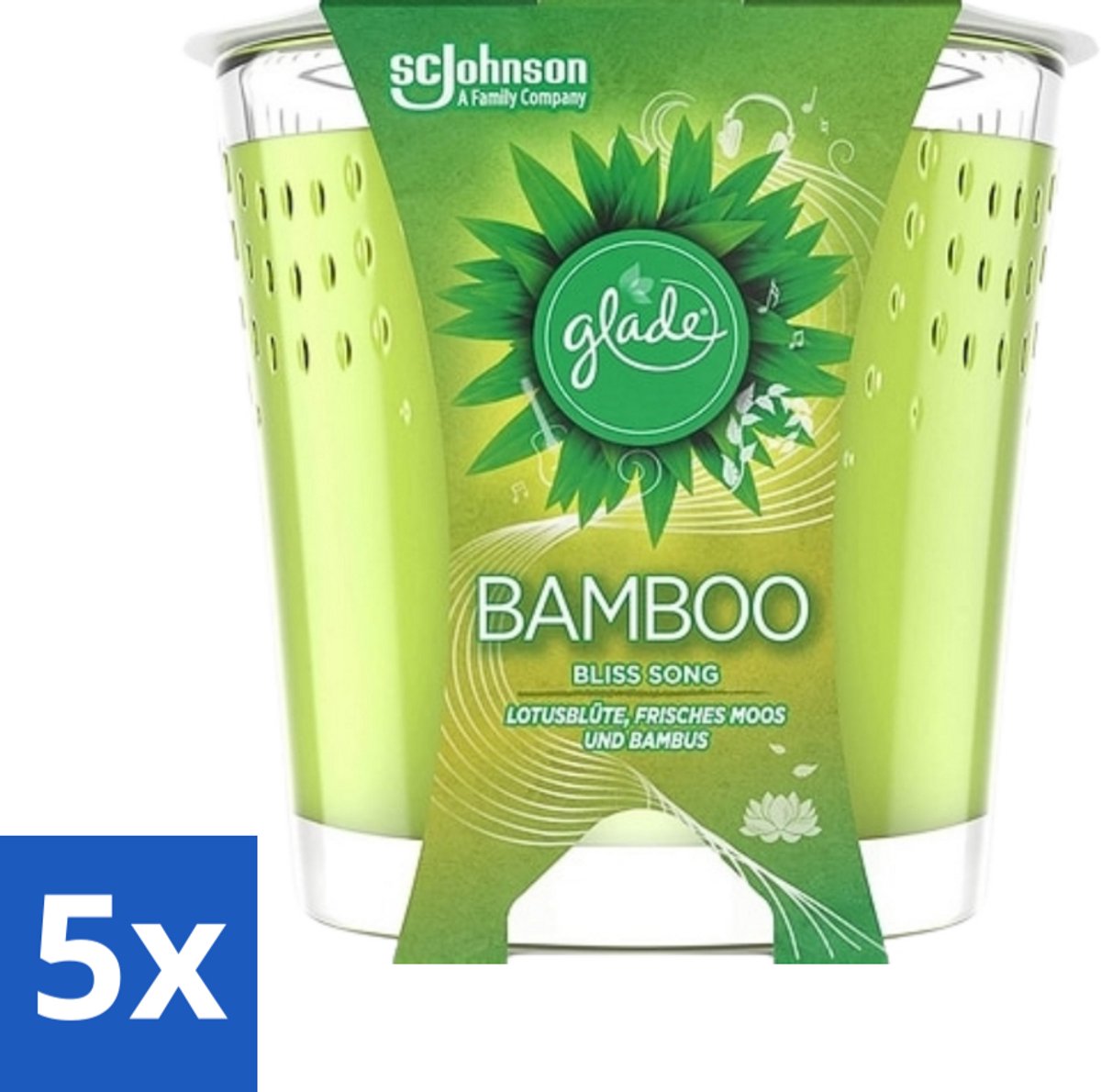 5 x Glade - Geurkaars - Bamboo Bliss Song - Frisse Geur & Relaxatie - 129 g - Bamboo Geur - Rust - Ontspanning - Geurkaars - Frisse Geur