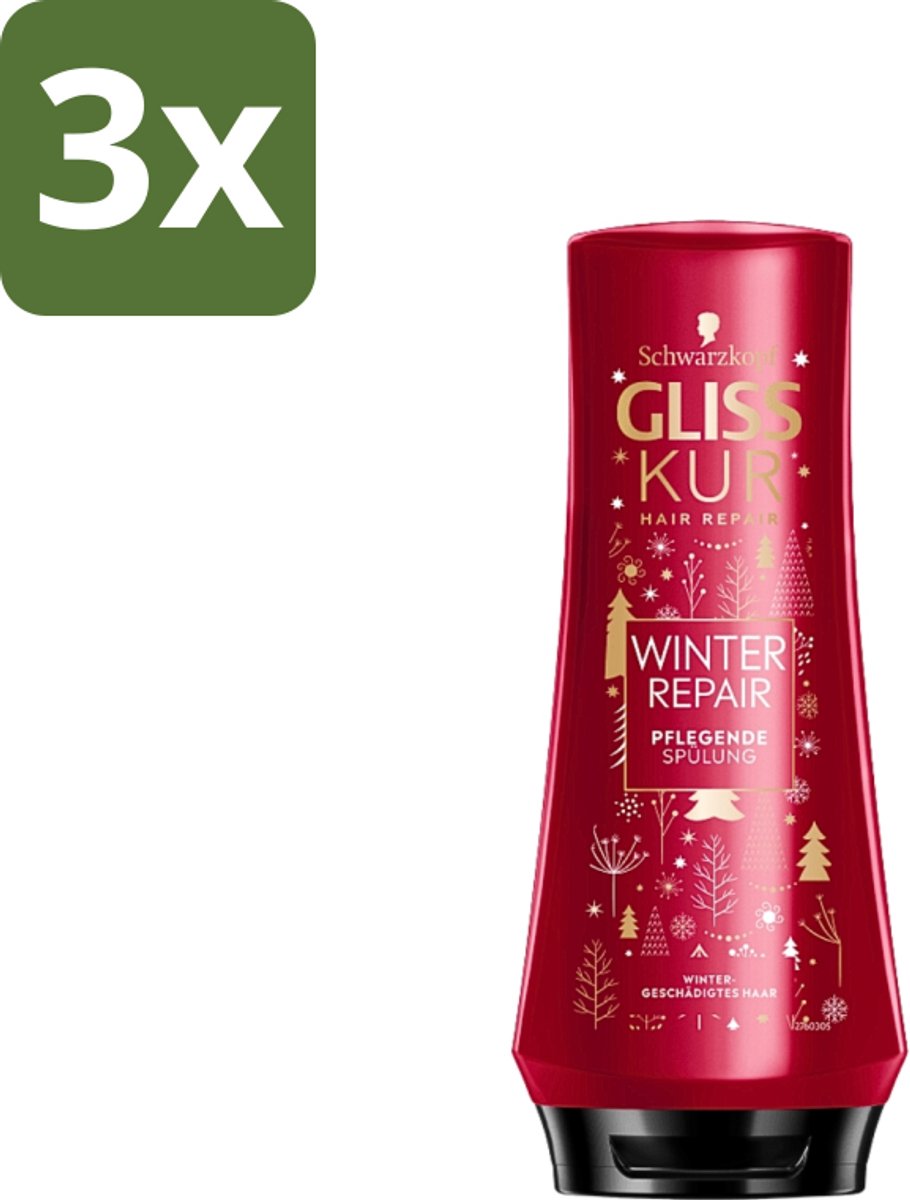 3 x Gliss-Kur - Conditioner - Winter Repair - Herstelt & Verzorgt - 200 ml - Winter Haar Verzorging - Haar Herstel - Haar Bescherming - Keratine Haar Conditioner - Cranberry Haar Conditioner