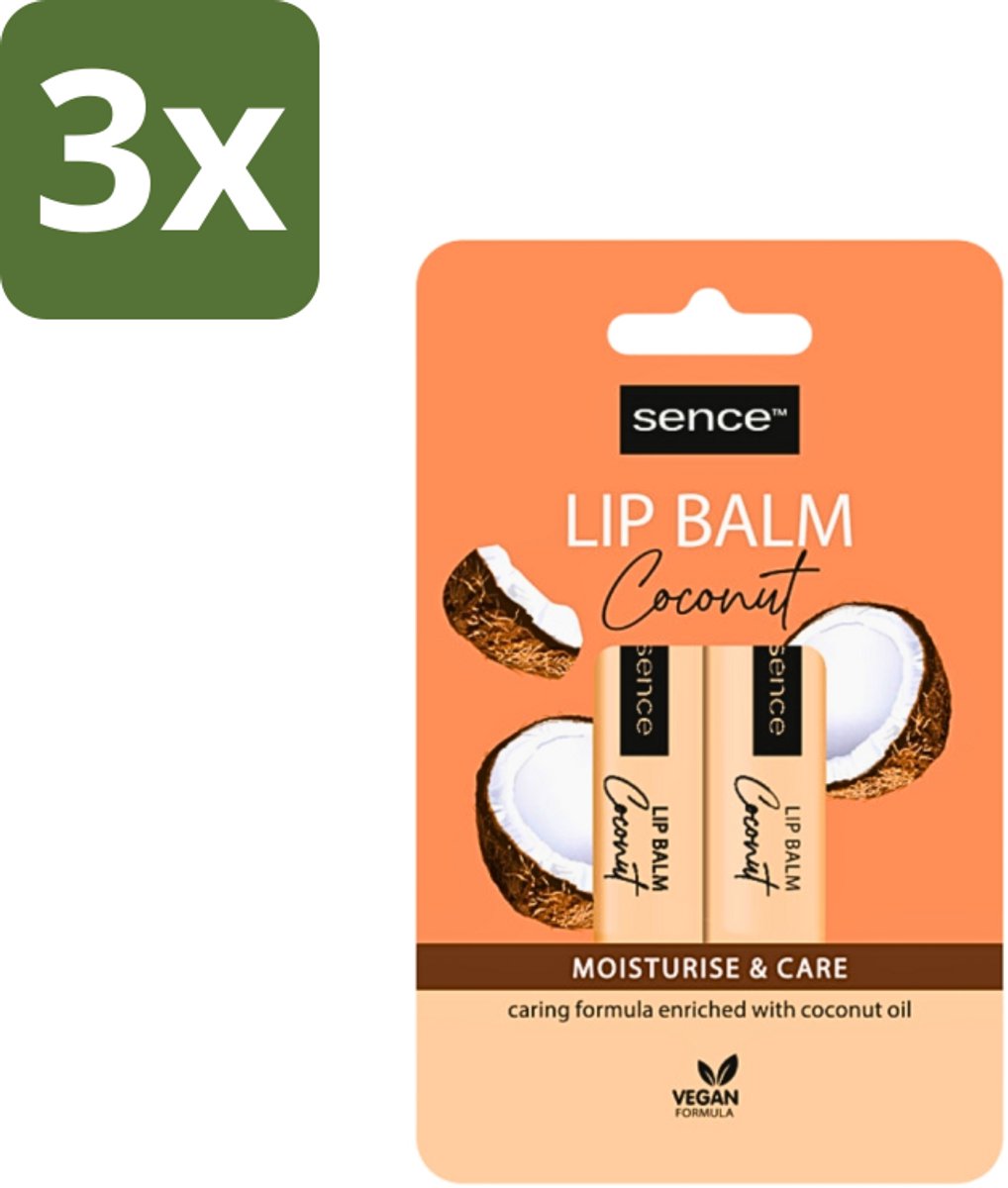 3 x Sence - Moisturise & Care - Lippenbalsem Duo - Verzorgend - 2 x 4,3 g - Lippenbalsem - Kokos - Lippenverzorging - Hydraatatie - Droge Lippen