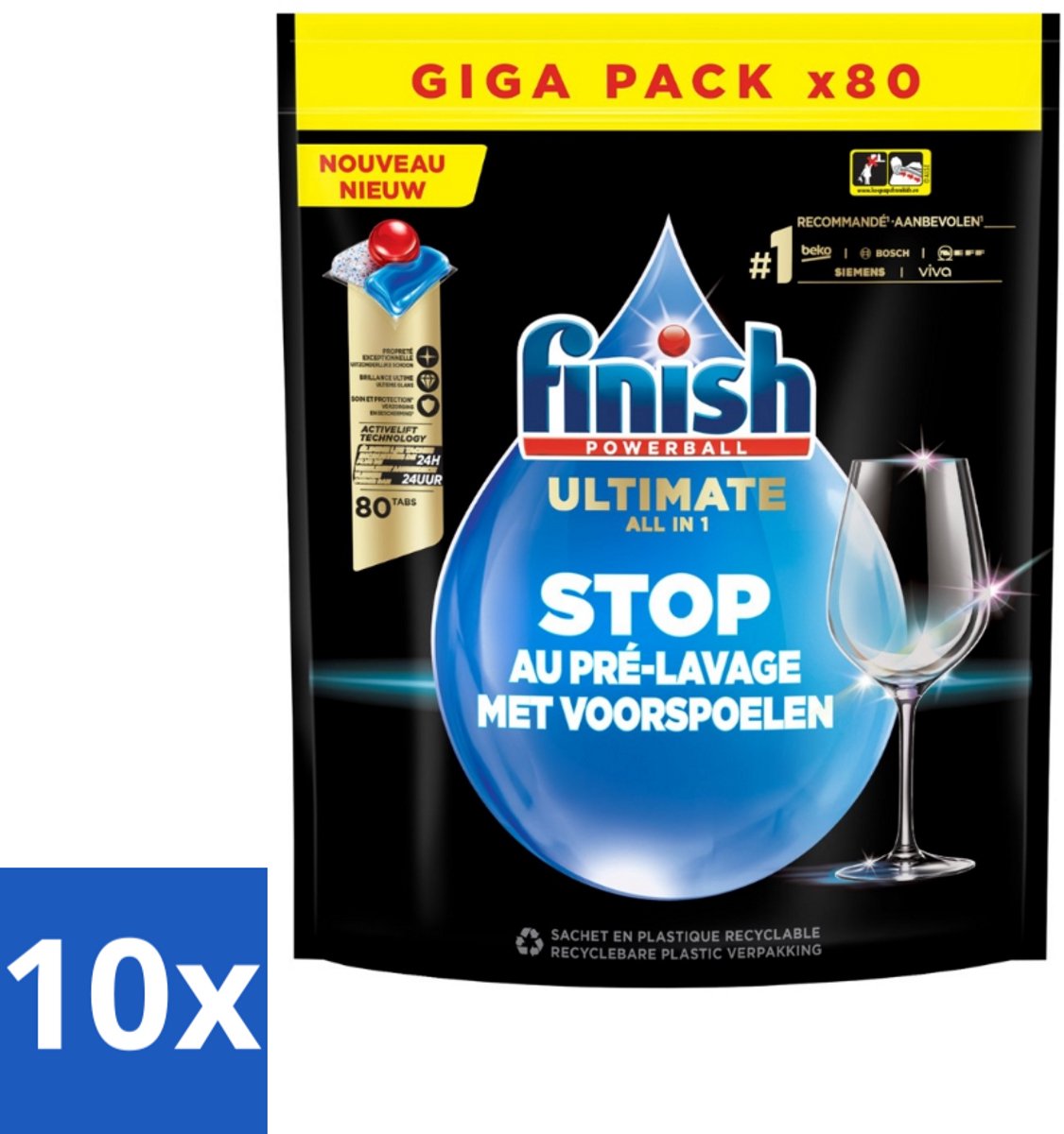 10 x Finish - Powerball - Vaatwasmiddel - Ultieme Alles In 1 - Glansspoelmiddel - 80 Wasbeurten - Vaatwasmiddel - Reiniging - Glans - Vaatwasmiddel Capsule - ACTIVLIFT™