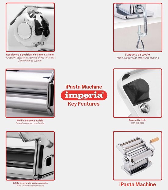 Pastamachine Handmatig - Verse Pasta Maker - Zelf Pasta Maken - Gemaakt in Italië - 6 Dikte Instellingen - Chroom van Pastamachine — afbeelding 2