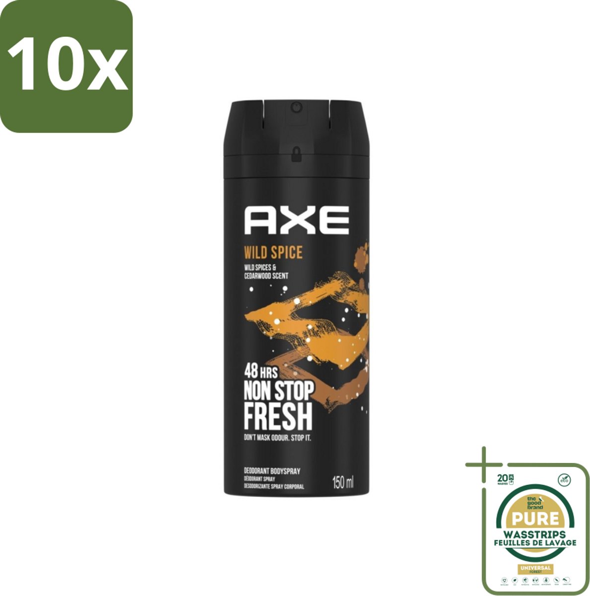 10 x Axe - Deodorant Bodyspray - 48hrs Non Stop Fresh - Wild Spice - Wild Spices & Cedarwood - 150 ml - Grootverpakking - Axe Wild Spice - Deodorant Bodyspray - 48 Uur Fris - Anti-geur - Cederhout Geur