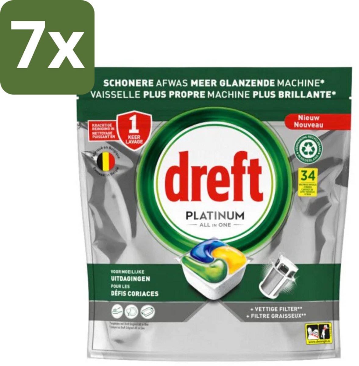 7 x Dreft Platinum - All In One - Vaatwascapsules - Citroen - 34 Afwasbeurten - Vaatwasmiddel - Vaatwascapsule - Citroengeur - Vaatwasser Reinigen - Vetfilter Reinigen