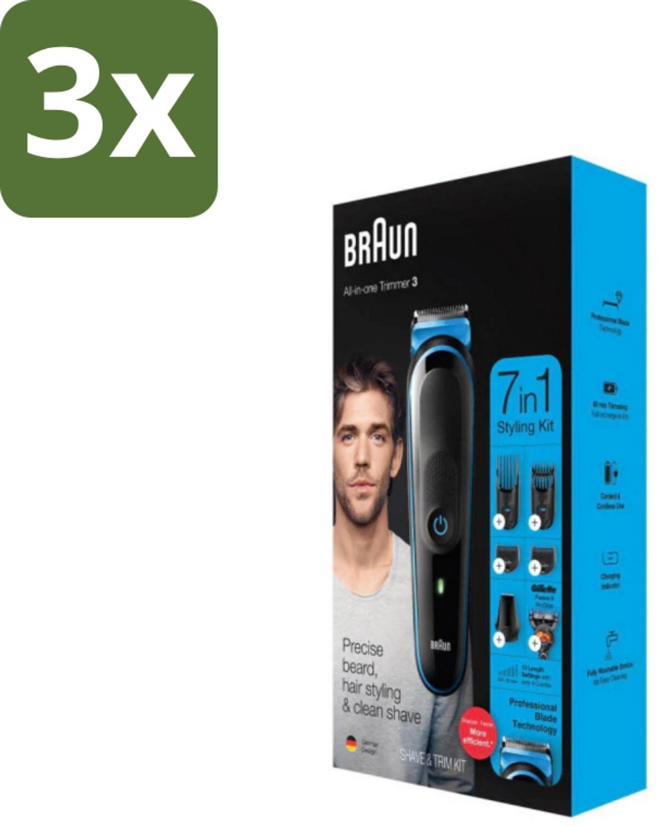 3 x Braun - Trimset - 7-in-1 - 1 Trim Apparaat - 6 Opzetstukken - Baard Trimmer - Gezichtshaar Trimmer - Neushaar Trimmer - Scheermes - Baard Onderhoud