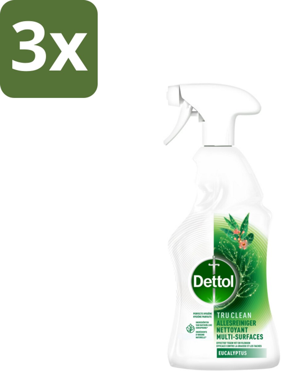 3 x Dettol Tru Clean - Allesreiniger - Spray - Eucalyptus - Multi-Oppervlakken - 500ml - Allesreiniger - Vet En Vlekken Verwijderen - Eucalyptusgeur - Natuurlijke Ingrediënten - Milieuvriendelijk