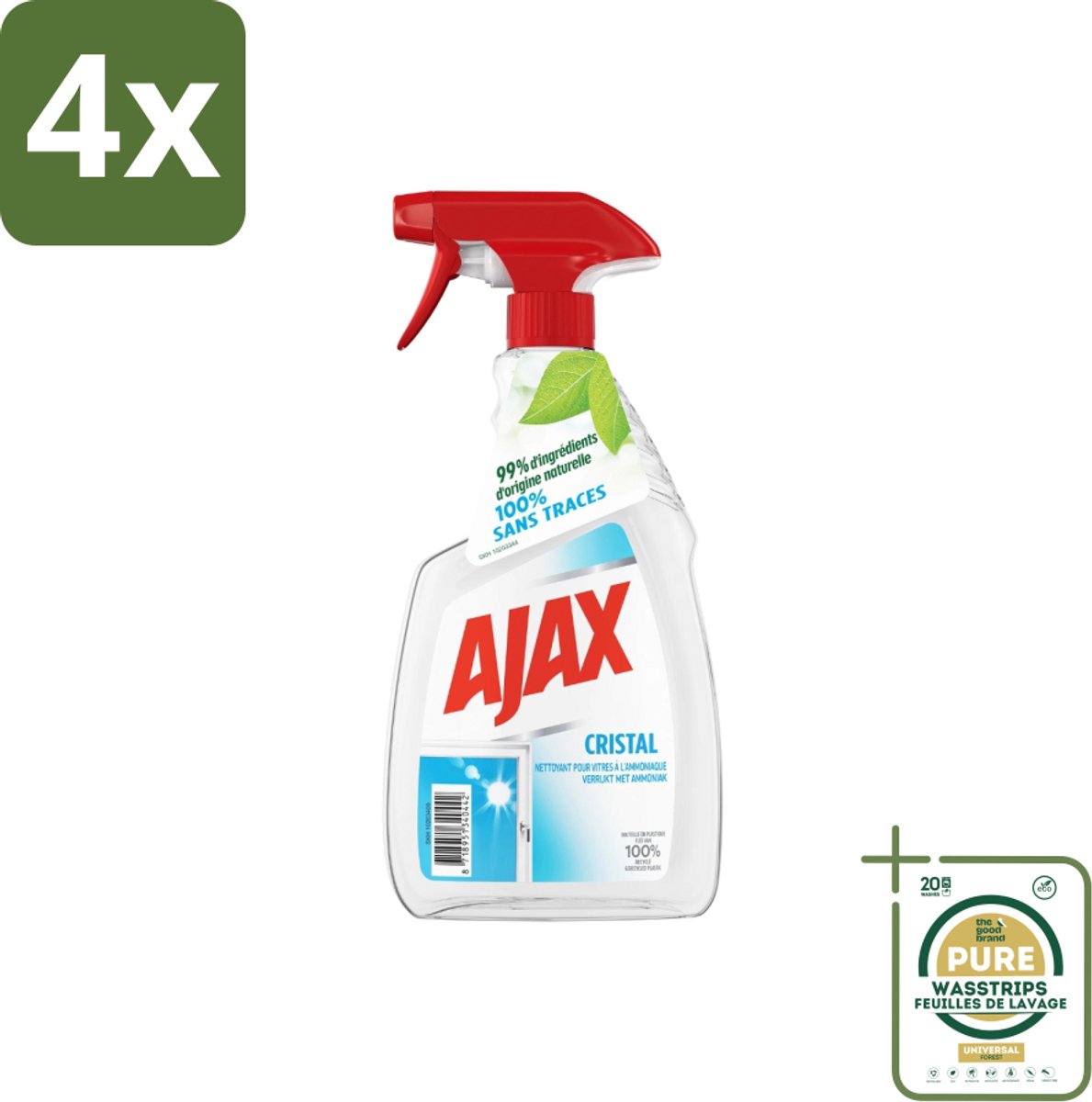 Ajax - Ruitenreiniger - Cristal - Spray Met Ammoniak - 750 ml - Voordeelverpakking - 4 stuks - Ammoniak - Streeploos