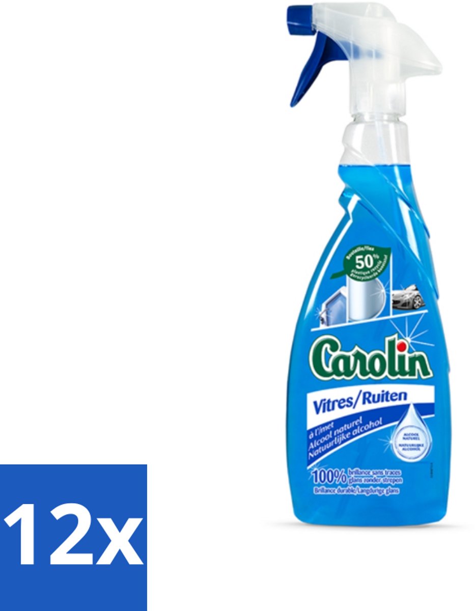 12 x Carolin - Glas- en Ruitenreiniger - Met Natuurlijke Alcohol - 650 ml - Glasreiniger - Ramen Schoonmaken - Streeploos - Natuurlijke Reiniger - Alcohol Reiniger