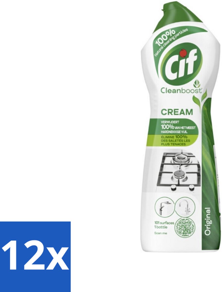 12 x Cif Cleanboost - Original - Poetsmiddel - 750 ml - Schoonmaakcrème - Keukenreiniger - Badkamervreiniger - Hardnekkig Vuil - Vlekken Verwijderen