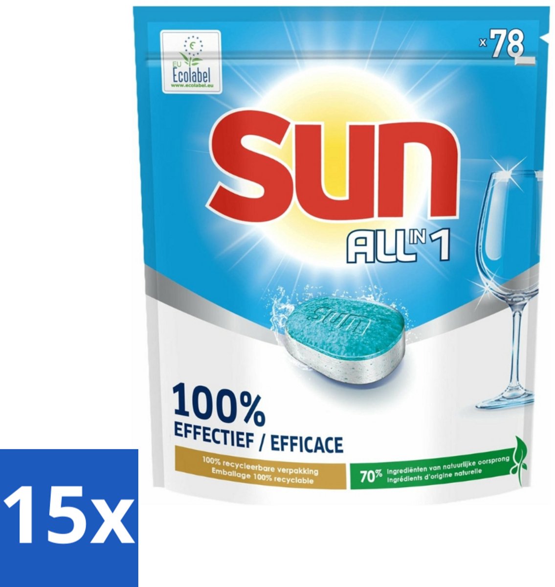 15 x Sun All-in-1 - Eco Label - Vaatwastabletten - 78 Tabletten - Voordeelverpakking - 15 stuks
