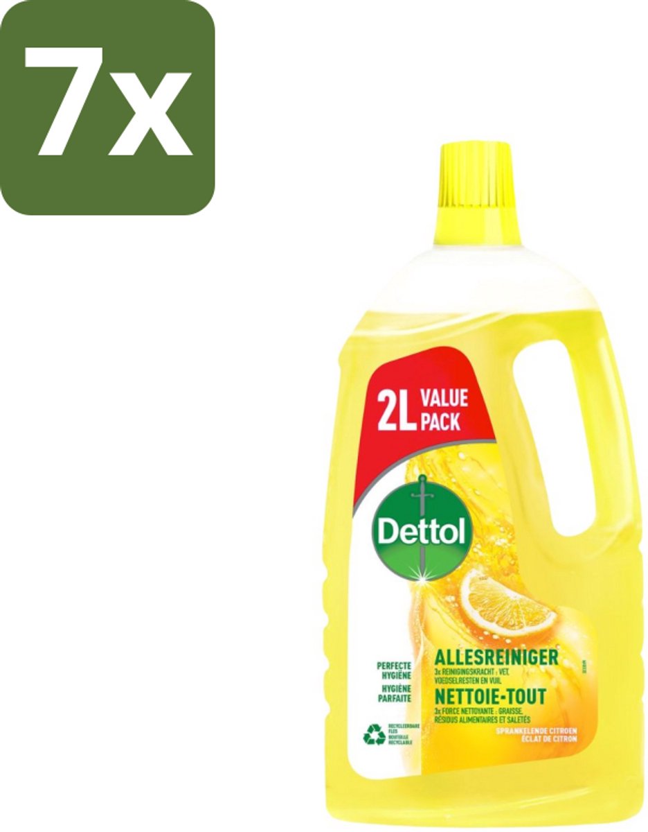 7 x Dettol - Allesreiniger - Sprankelende Citroen - Perfecte Hygiëne - 2L - Allesreiniger - Hygiëne - Citroengeur - Reiniging - Vet Verwijderen