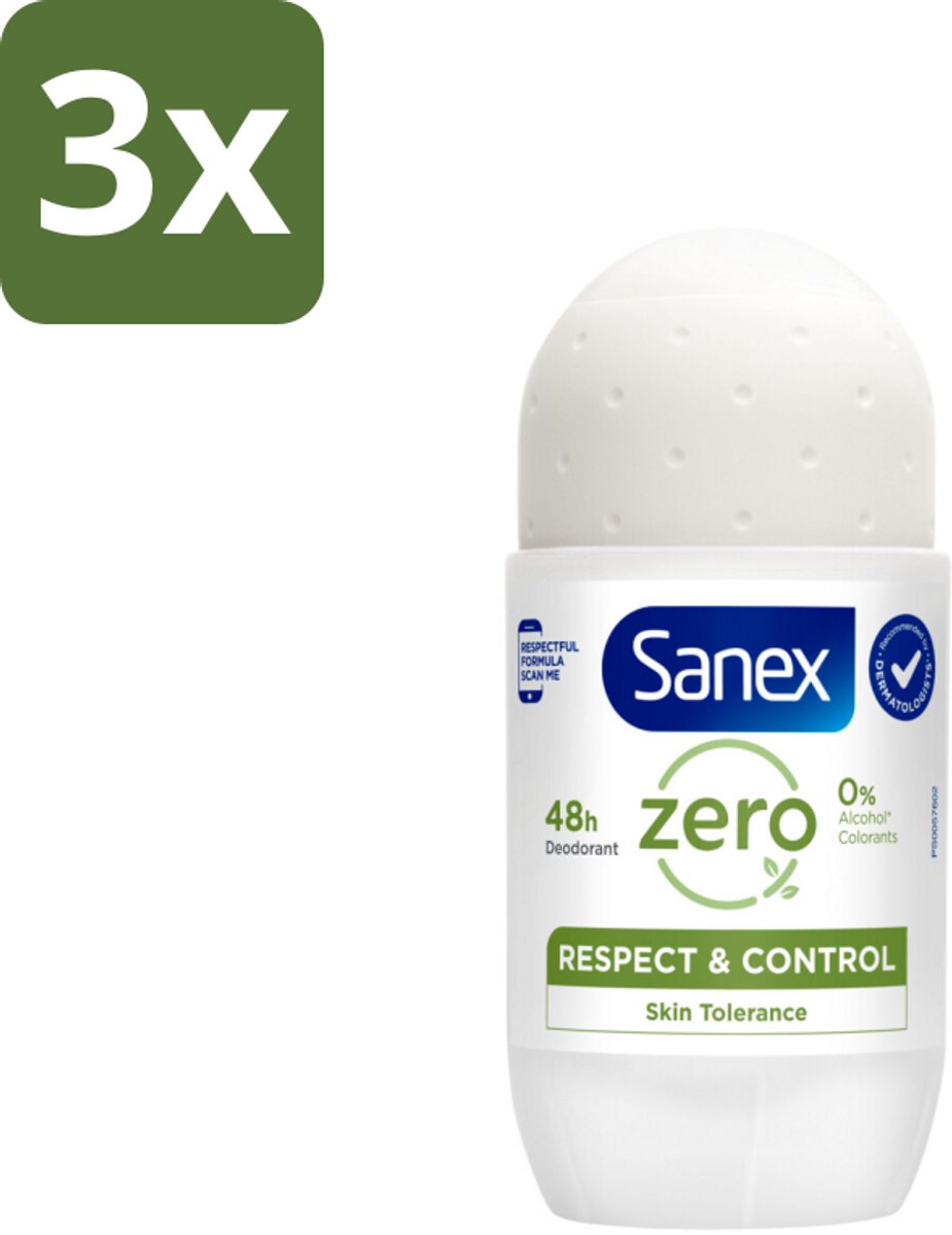 3 x Sanex Deodorant Roller Zero% Normal Skin 50 ml - 24 Uur Deodorant - Aluminiumzouten Vrij - Alcohol Vrij - Huidvriendelijk - Gevoelige Huid