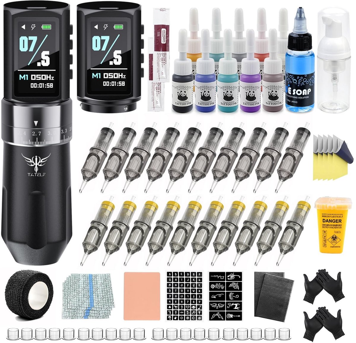 Elzusha - Draadloze Tattoo Machine Set met 2300 mAh Batterij en 20 Naalden