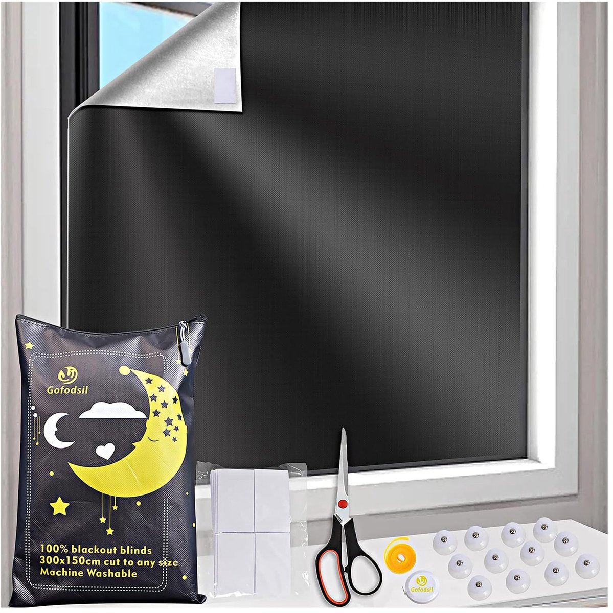 Elzusha- Verduisteringsgordijnen 300 x 150 cm - Draagbaar - 12 Zuignappen - 20 Klittenbandsluitingen - 100% Schaduw - Ideaal voor Slaapkamer/Kinderkamer - Blackout Curtains