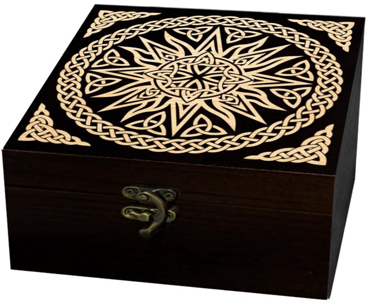 Elzusha - Houten Herinneringsdoos - Zon Motief - 12 x 12 x 6 cm
