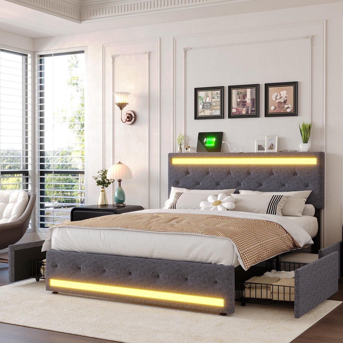 Elzusha - Tweepersoonsbed met LED en USB - 160 x 200 cm - Donkergrijs