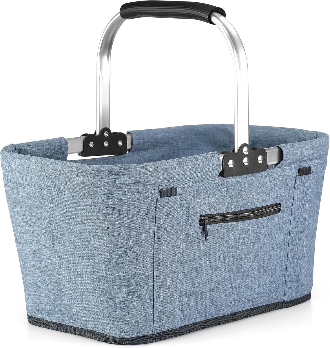 Vouwbare Winkelmand met 4 Steunbalken, Stevige Draagmand en Picknickmand, Grote Opvouwbare Mand voor Gezinnen, 46 x 27 x 25 cm, met Gevoerde Handvatten voor Winkelen, Reizen en Kamperen