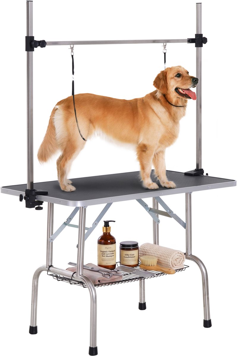PawHut Trimtafel voor Huisdieren - Roestvrij Staal - 107x60x164cm - Zwart
