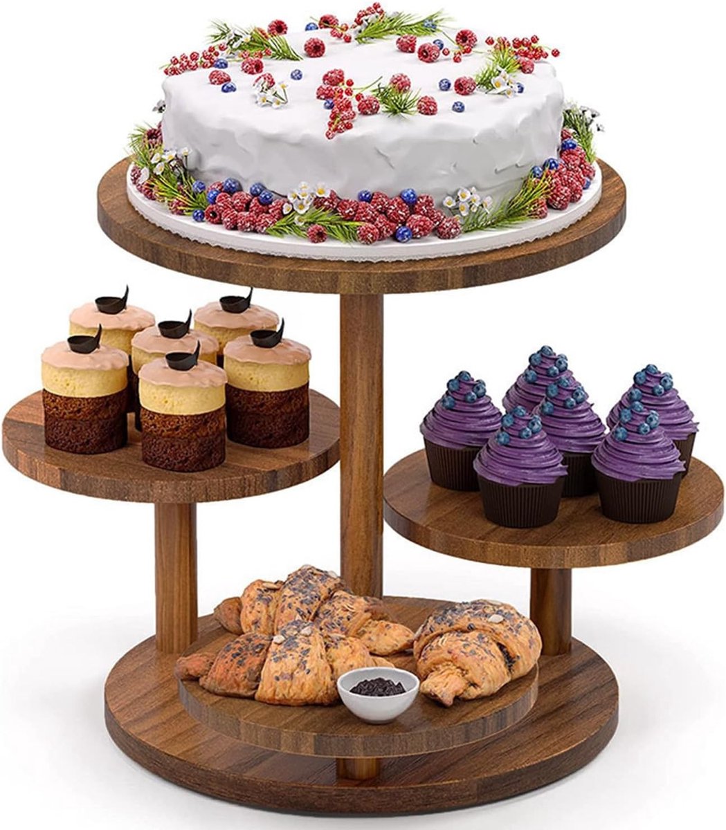 Vierlagige Houten Cupcake Stand voor Verjaardagsfeesten, Bruiloften en Babyshowers - Ideaal voor Desserts en Taarten (Bruin, Rond)