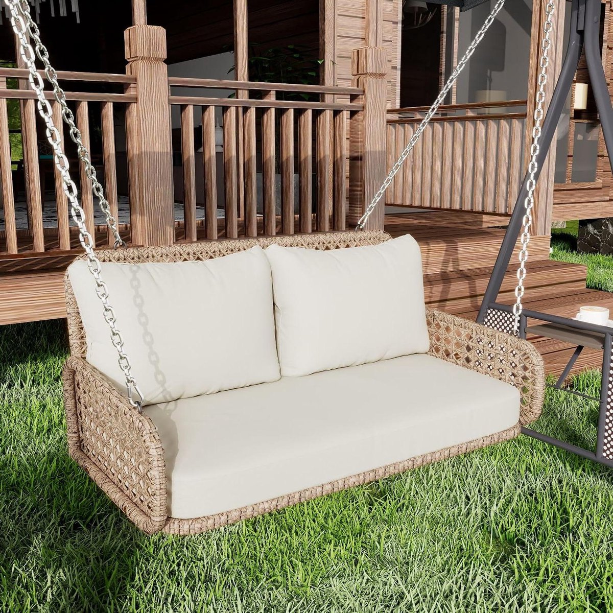 Hangstoel met Kussen - Schommelstoel Buiten - Ontspannen Buiten - Handgevlochten Design - 320 kg Belastbaar - Beige